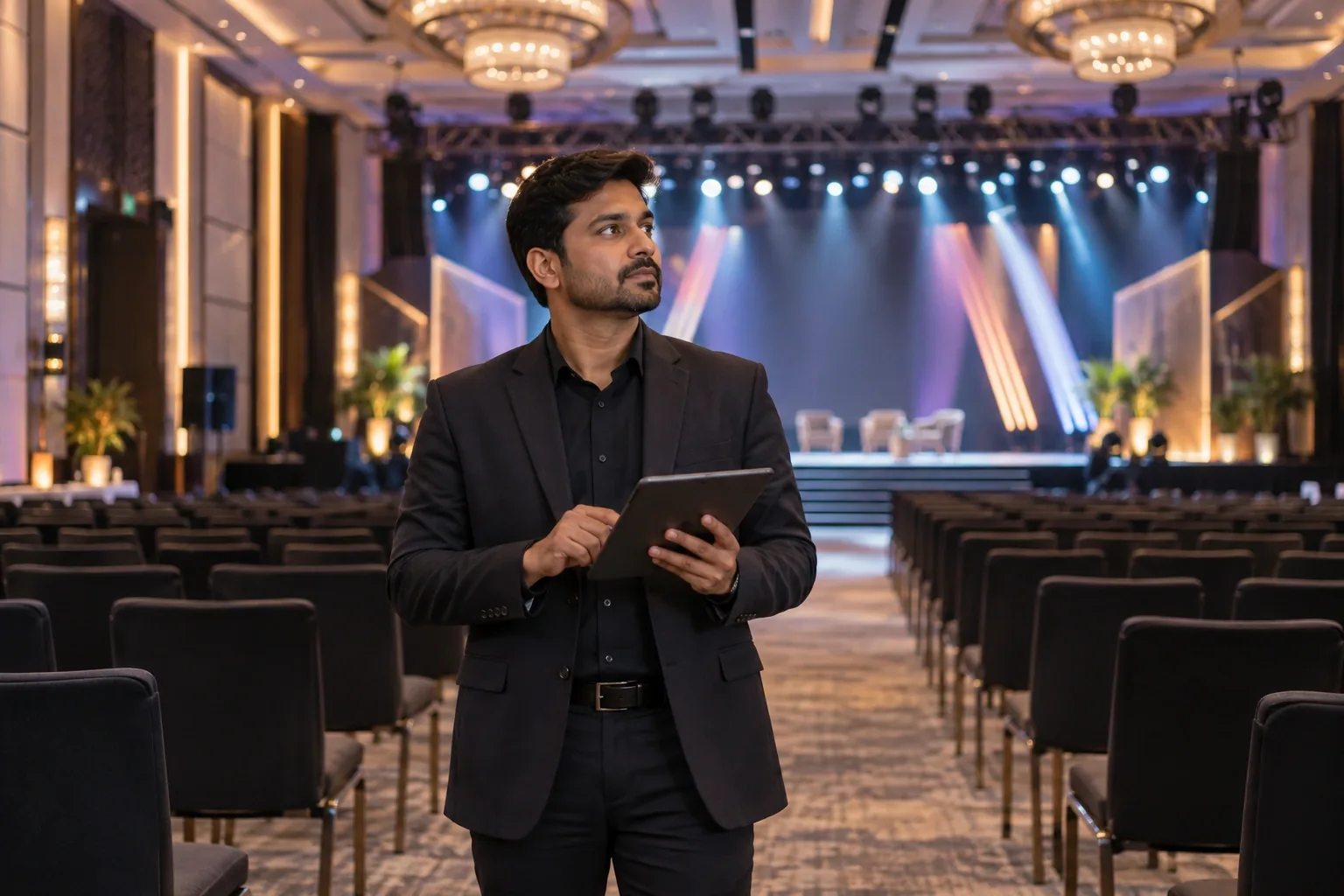 An Indian event producer with a tablet inspecting a beautifully prepared contemporary conference venue, stage lighting softly blurred and elegant empty seating, no signage.